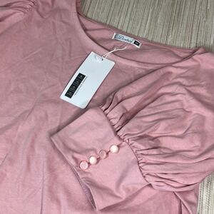 NWT Dorose Pink Puff Sleeve Button Cuff Knit Top Women M Cotton Preppy Boutique